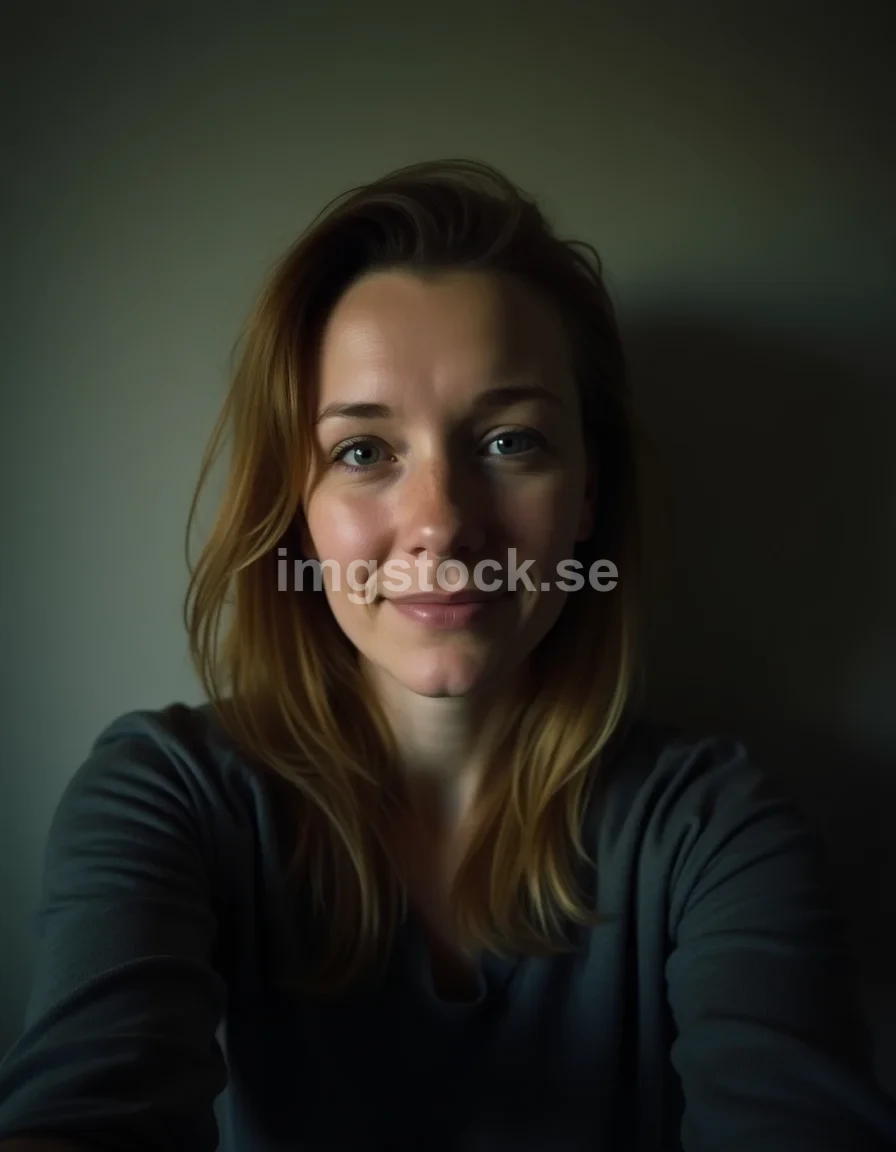 Kvällsselfie av svensk kvinna i dunkelt rum