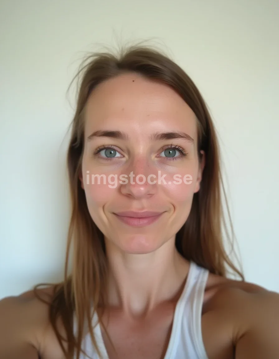 Naturlig selfie av svensk kvinna mot vit vägg