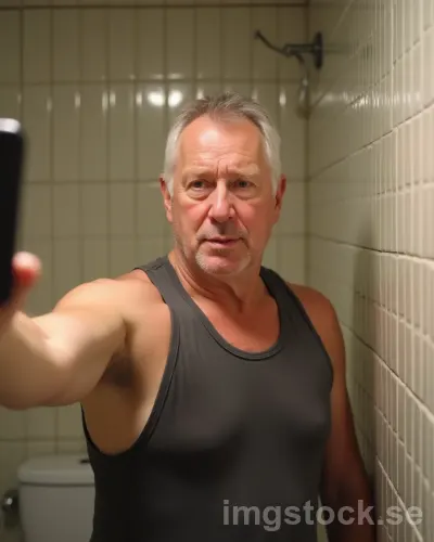 Medelålders svensk man tar selfie i badrum