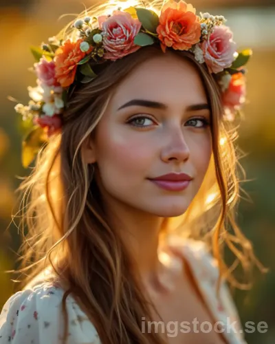 Ung svensk kvinna med blomsterkrans på midsommar