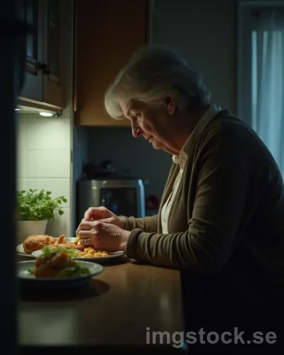 Äldre kvinna äter ensam i köket på natten