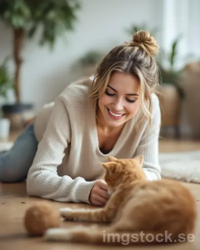 Ung kvinna leker med katt på golvet hemma