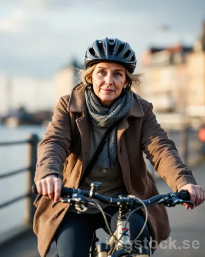 Medelålders kvinna cyklar längs Stockholms kaj
