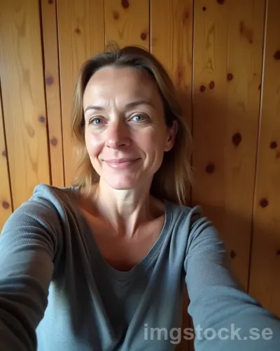 Medelålders kvinna tar selfie mot furupanel