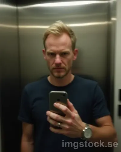 Spegelselfie i hiss med trött svensk man