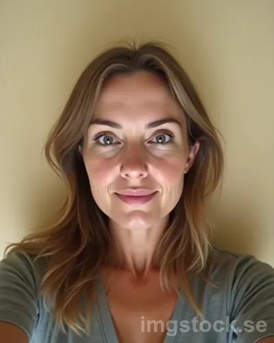 Svensk kvinna tar selfie mot beige vägg