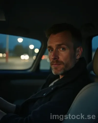 Svensk man ensam i bil på parkering nattetid