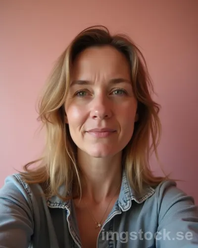 Medelålders kvinna selfie mot rosa vägg