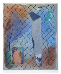 Melissa Gordon, Female Readymade (Chainlink fence, string, paintbrush, jeans and weeds)