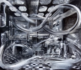 Inez de Brauw, Dancing lights - after Gonzales Coques et. al., Art cabinet with Candaules