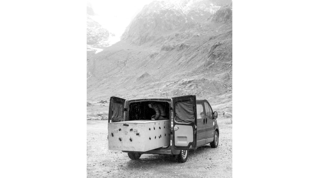 Douglas Mandry, Douglas Mandry in the Swiss Alps - Taking photograms of melting ice with a self made large format camera