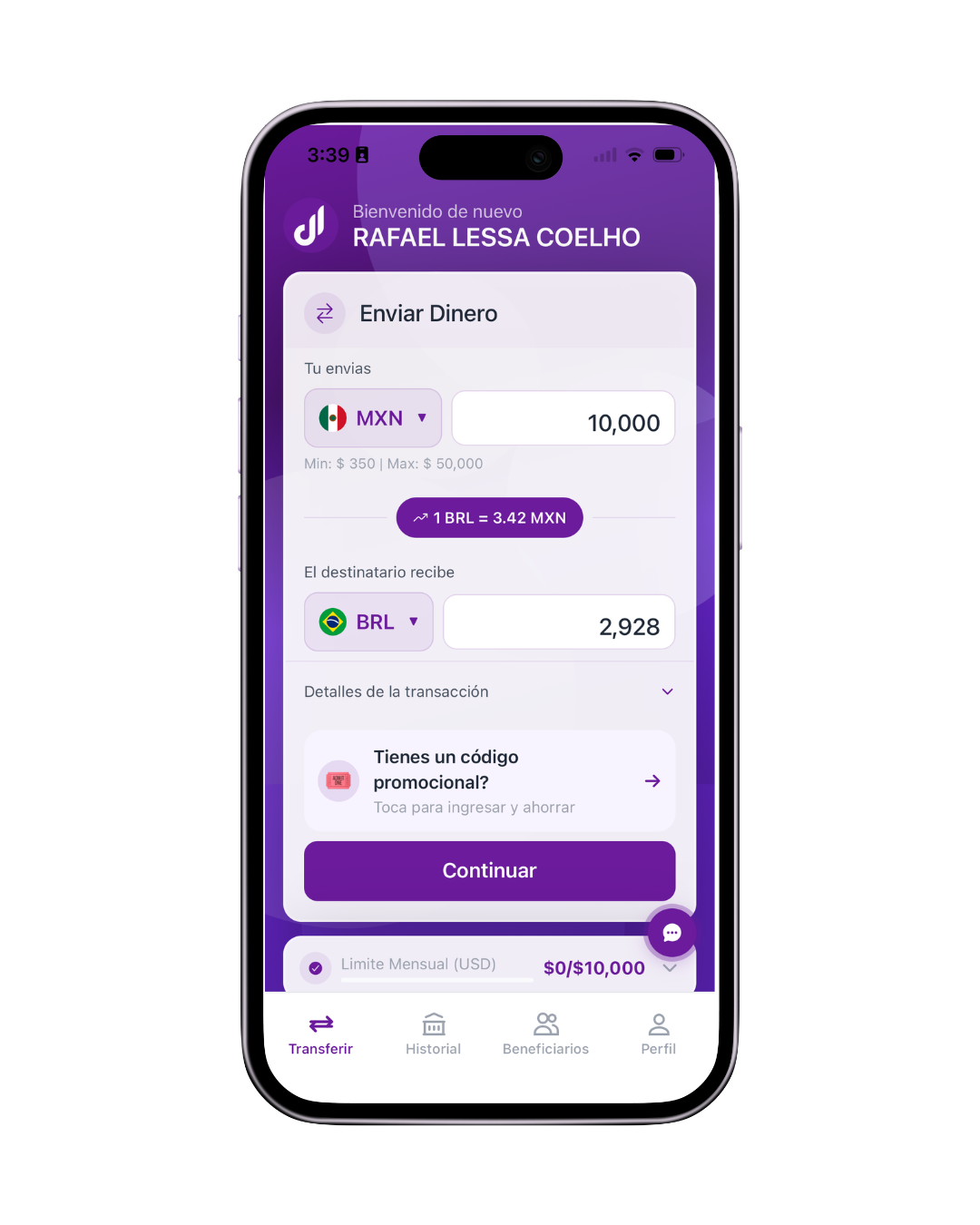 Paso 1: indicar el monto a enviar o recibir en la app Dulloo