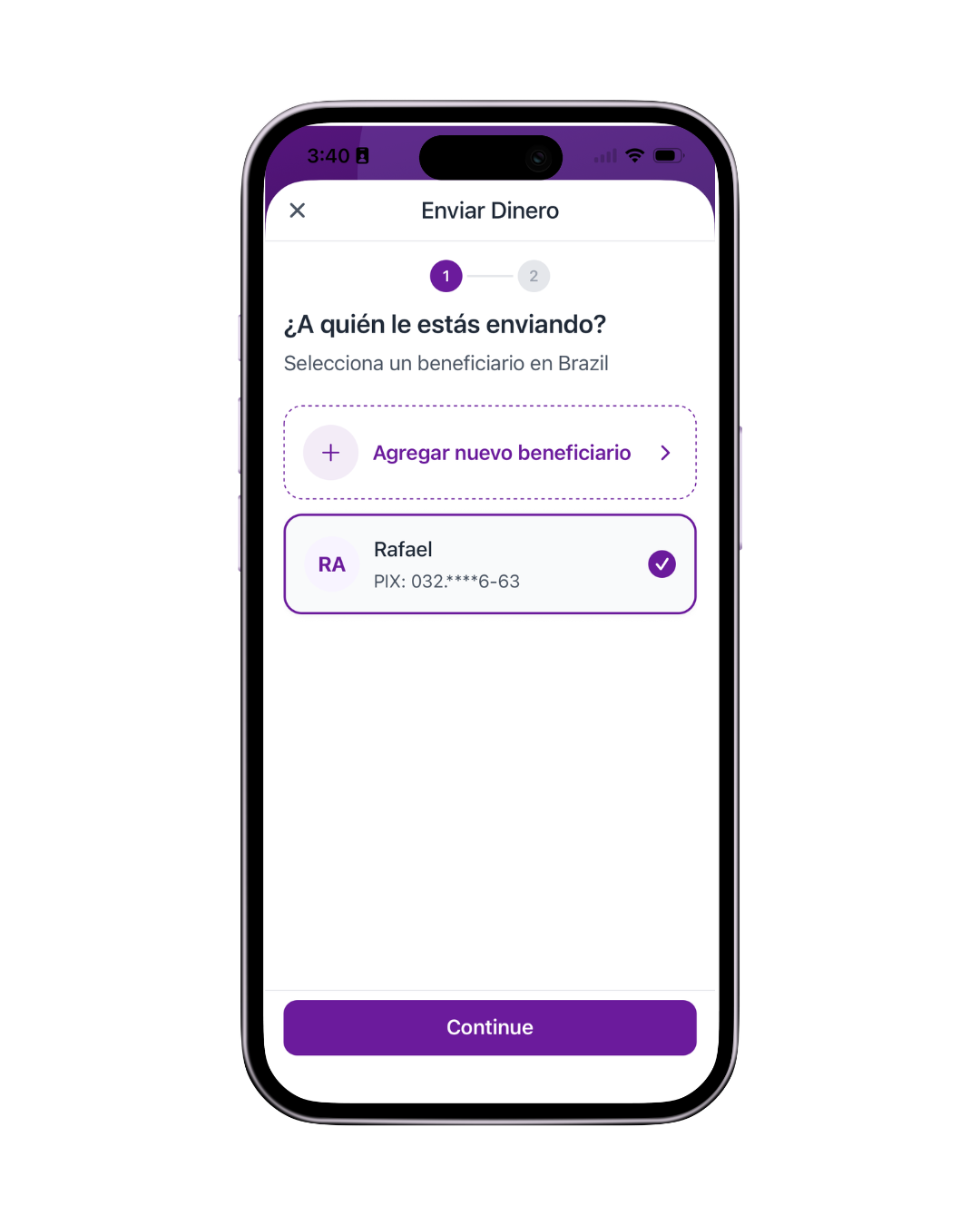 Paso 2: indicar el Pix del beneficiario en la app Dulloo