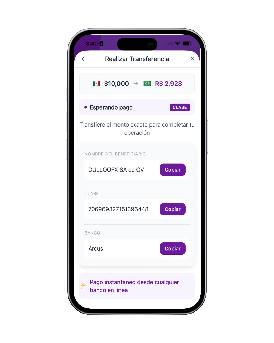 Paso 4: transferir a la CLABE indicada por la app Dulloo