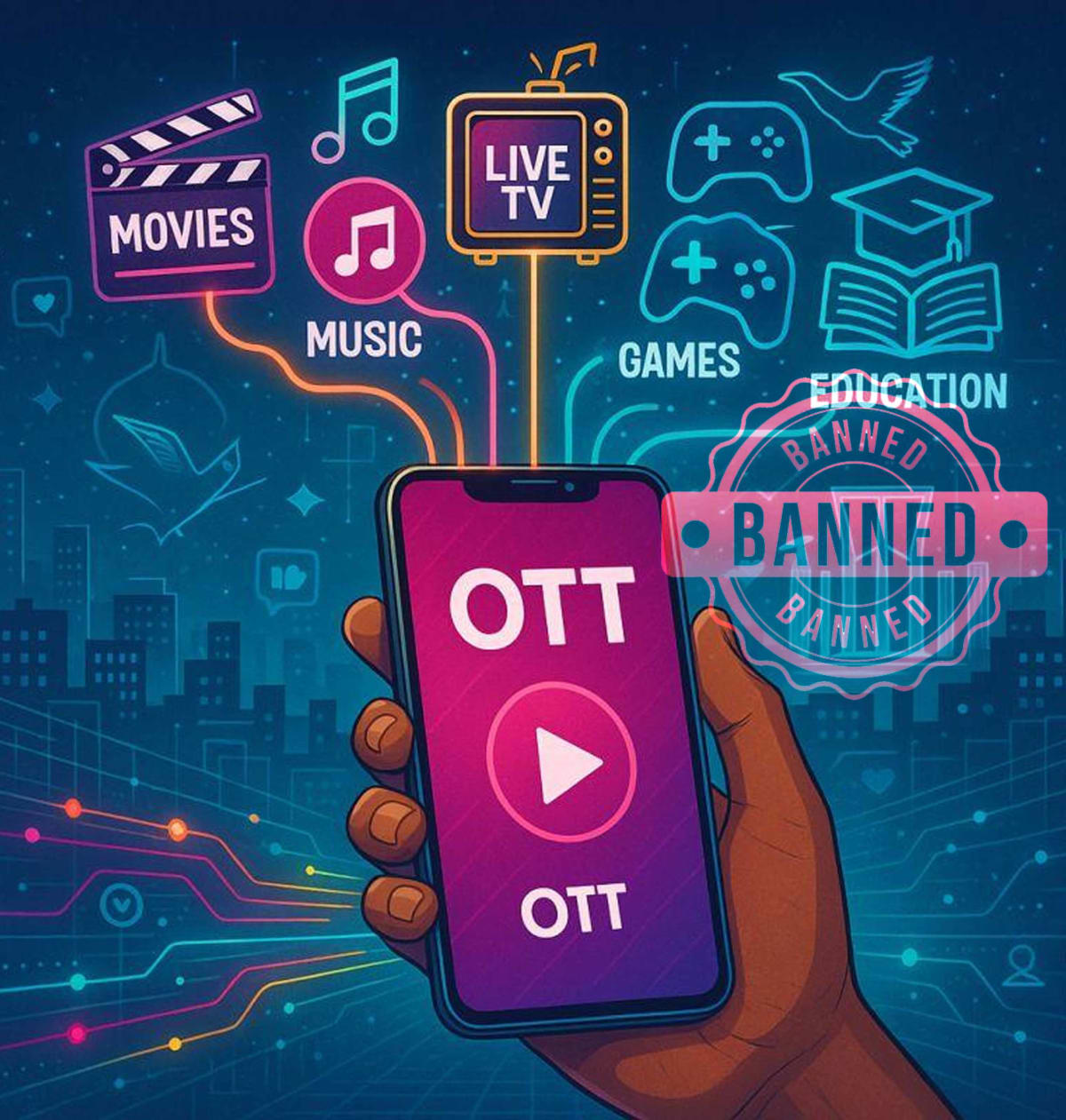 Illustration of OTT streaming platforms on a smartphone with digital regulation concept.