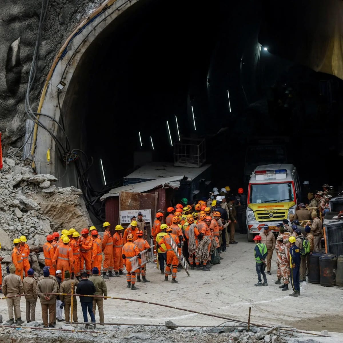 Rescue teams conduct operations at the Chamoli tunnel accident site in Pipalkoti