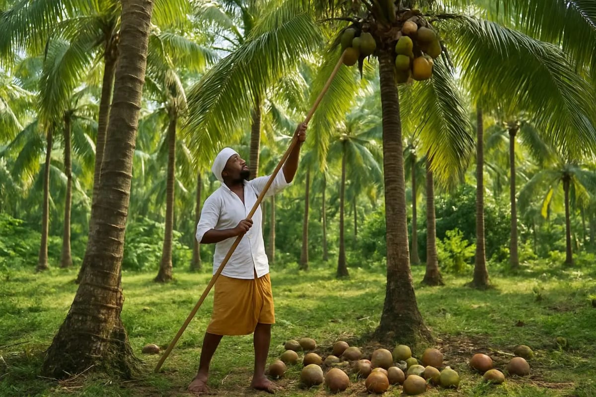 Indian farmer harvesting coconuts in a plantation.