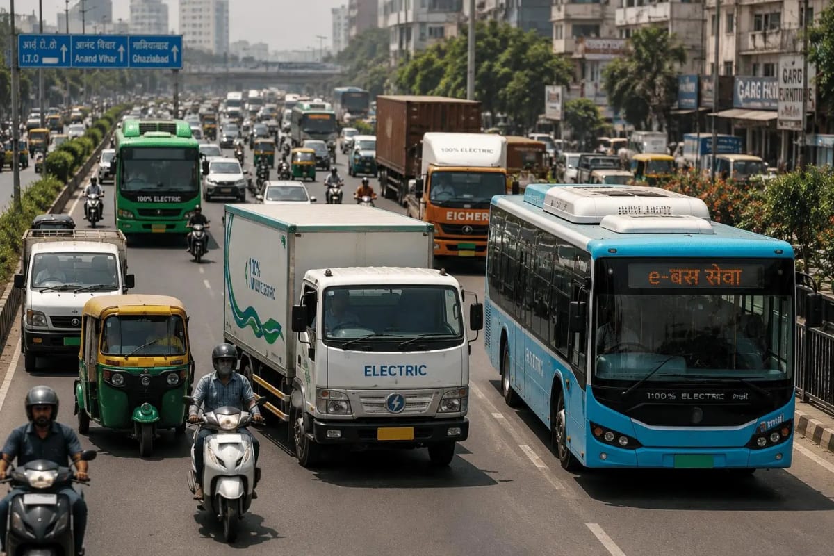 Electric and commercial goods vehicles on a Delhi road amid the shift toward cleaner transport.