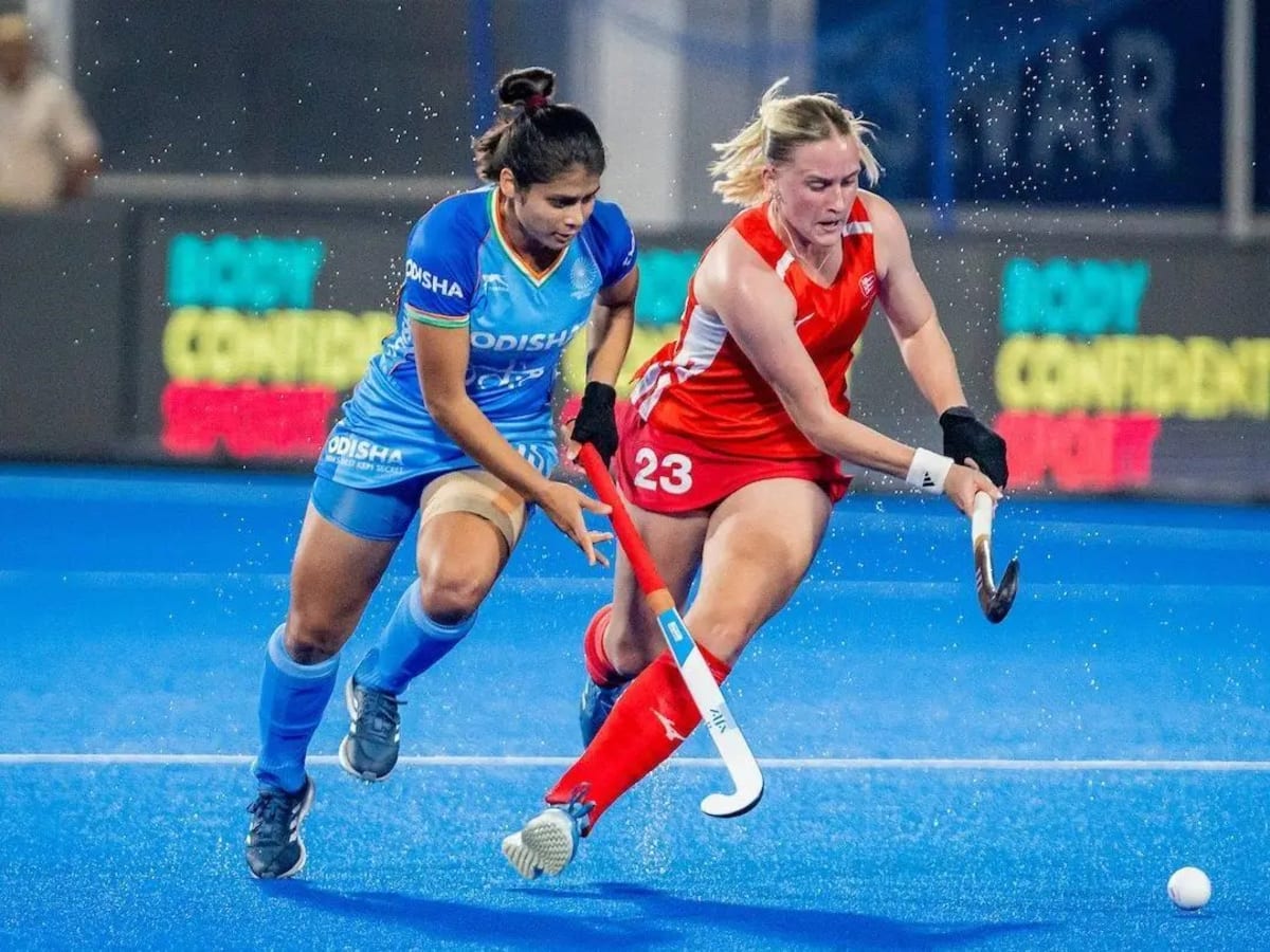 Indian and English women hockey players competing during the FIH Women’s Hockey World Cup.