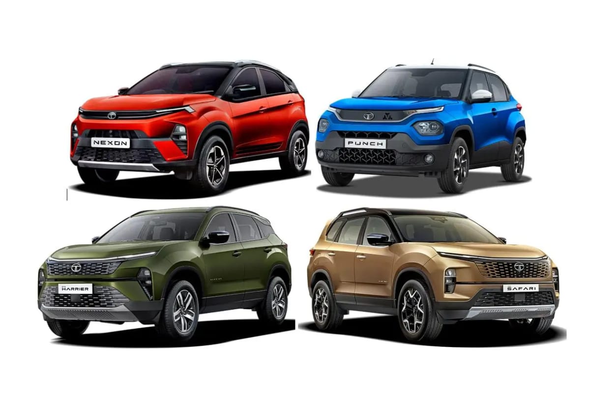 Tata Motors cars and SUVs displayed in a lineup in India.