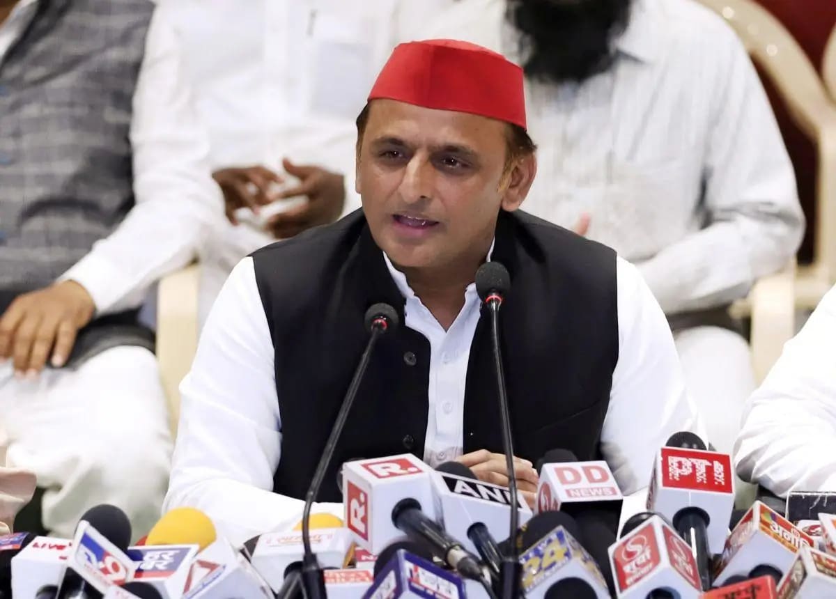 Samajwadi Party chief Akhilesh Yadav speaking during a political event.