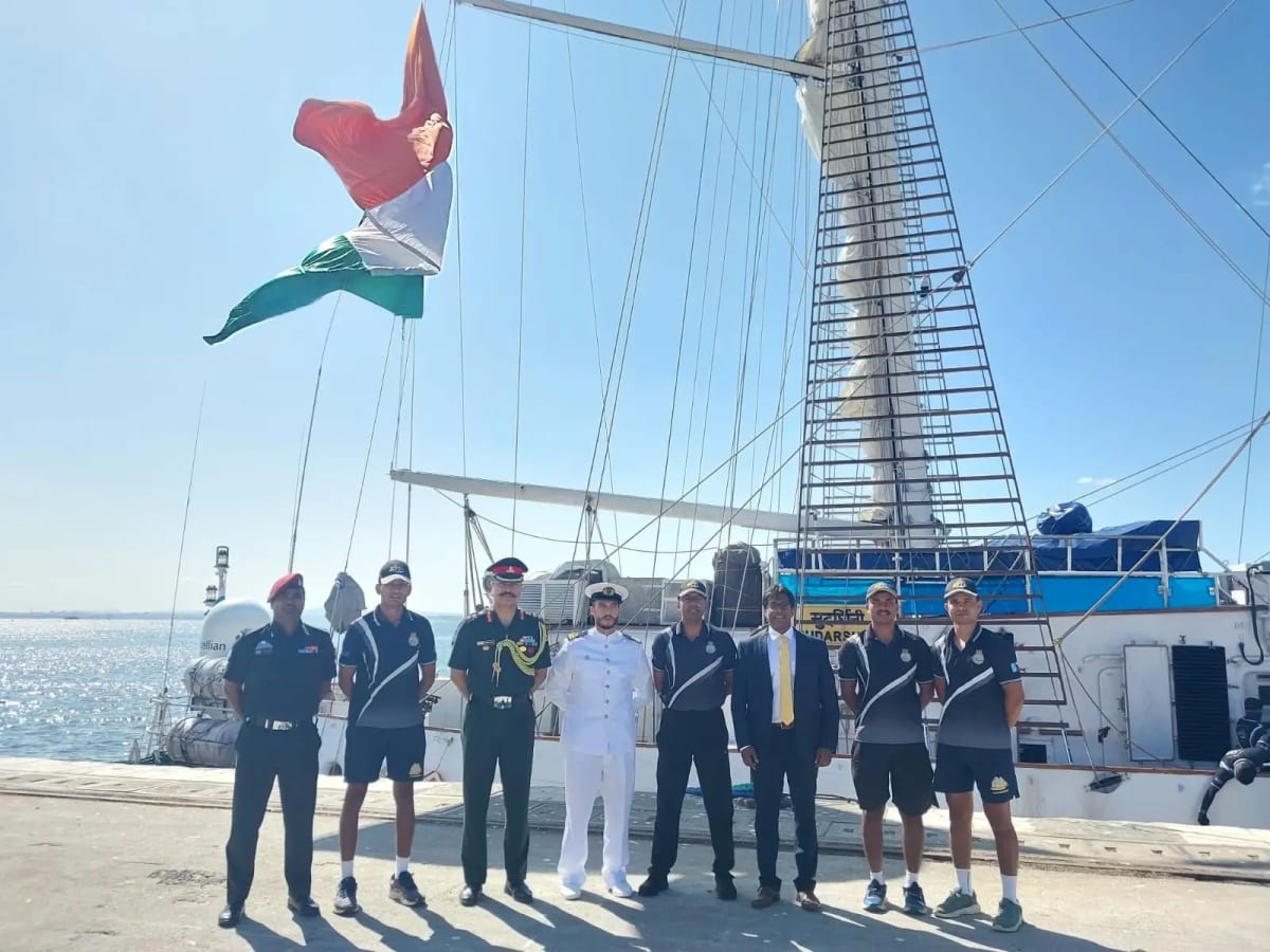 INS Sudarshini, Indian Navy sail training ship, arriving in Lisbon during Lokayan 26 voyage.