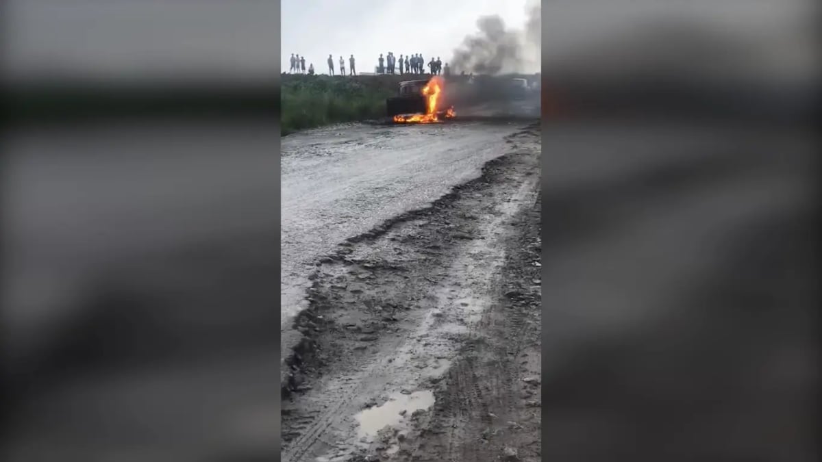 Damaged Shree Cement-hired vehicle after petrol bomb attack in East Jaintia Hills