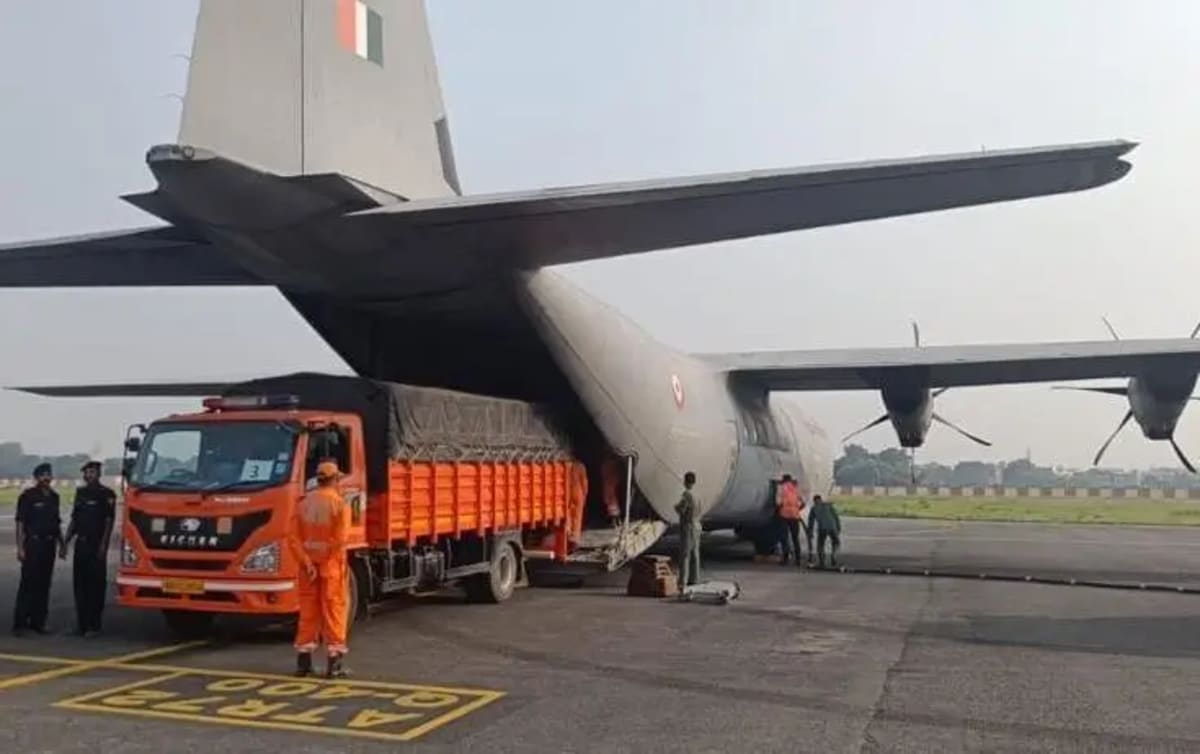 Indian Air Force C-130J aircraft being loaded with relief material for flood-hit Nepal at Hindon Airbase