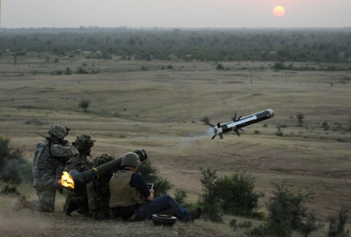 Javelin anti-tank guided missile system being operated by a soldier