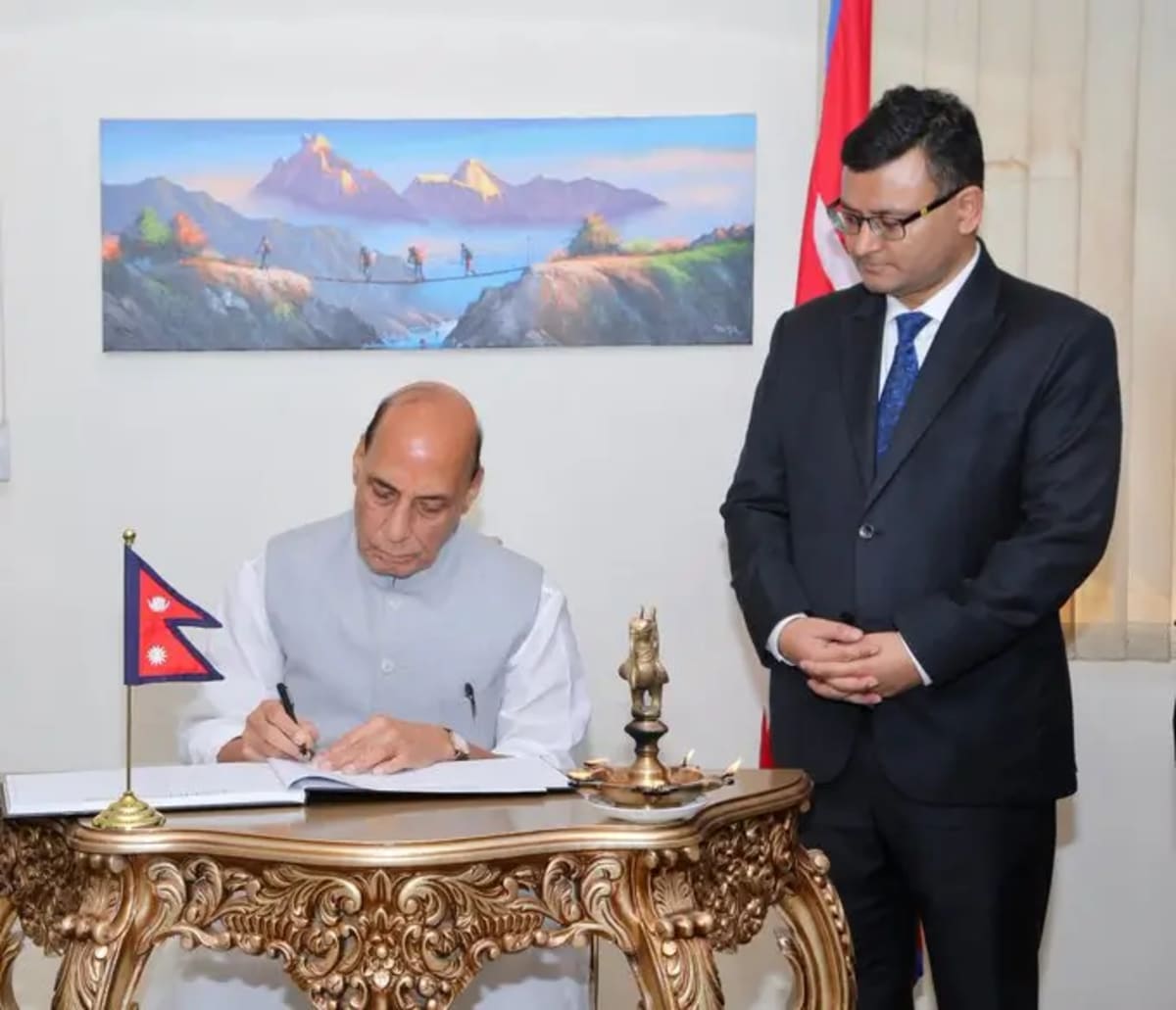 Rajnath Singh visits Nepal Embassy in New Delhi and offers condolences