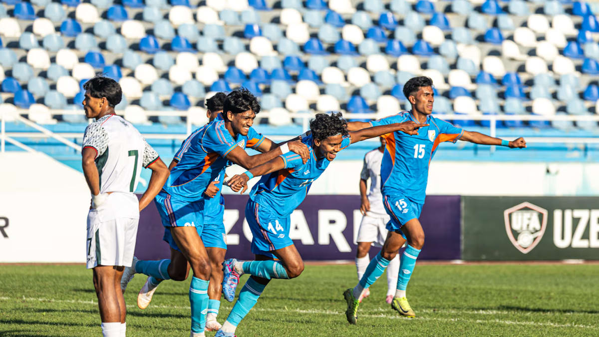 India U20 football team celebrates after beating Bangladesh 3-0 in AFC U20 Asian Cup qualifiers.