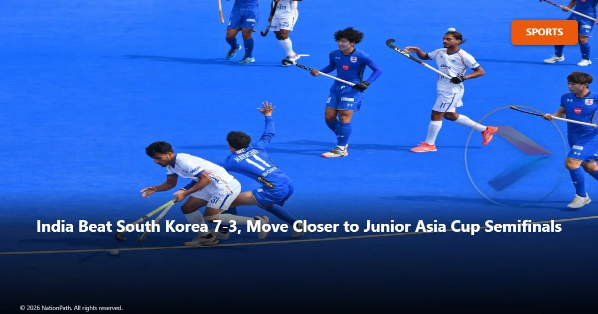 Indian junior men's hockey players celebrating during their 7-3 victory over South Korea at the Junior Asia Cup.