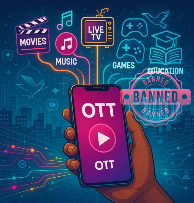 Illustration of OTT streaming platforms on a smartphone with digital regulation concept.