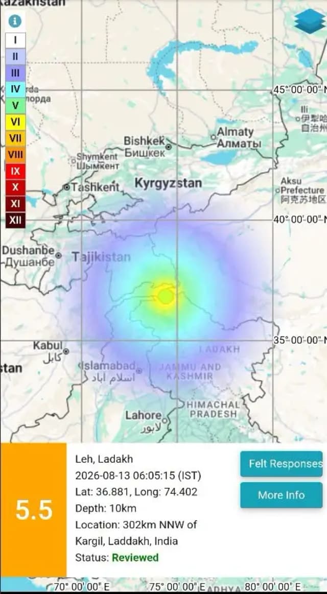 5.5-magnitude earthquake and second tremor strike Leh Ladakh on August 13 2026