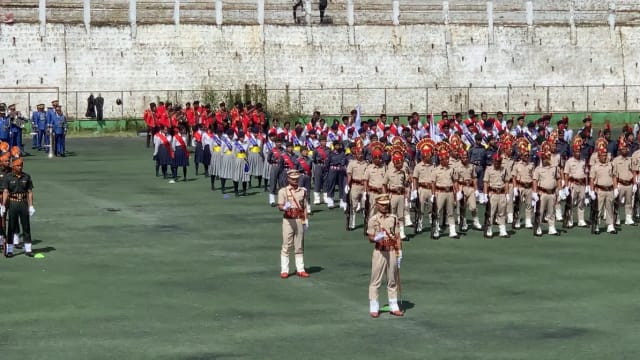 Parade contingents rehearse ahead of Mizoram’s 80th Independence Day celebration at Lammual in Aizawl