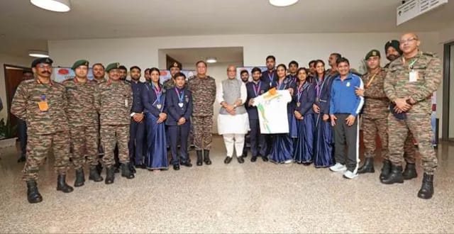 Rajnath Singh interacts with Indian Army athletes after their Commonwealth Games performance