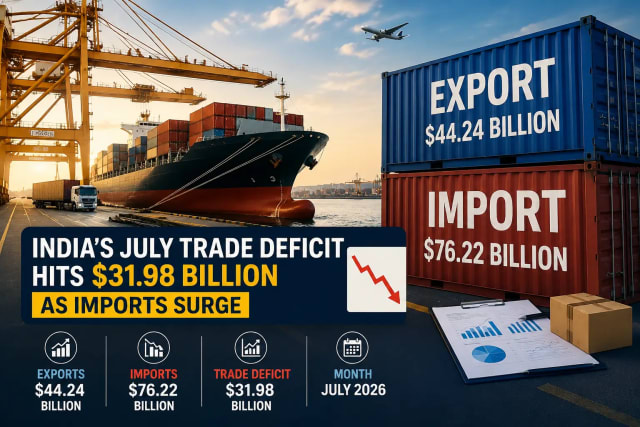 Indian cargo containers at a port highlighting the country’s exports, imports and widening merchandise trade deficit.