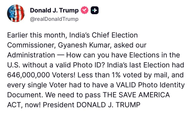 Trump Cites India’s Voter ID System as He Pushes SAVE America Act - NationPath Image