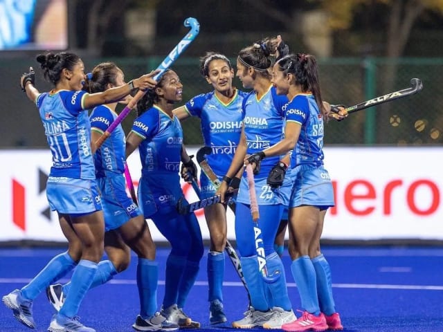 Indian women's hockey players celebrate after defeating South Africa 6-1 at the FIH Women's Hockey World Cup 2026.