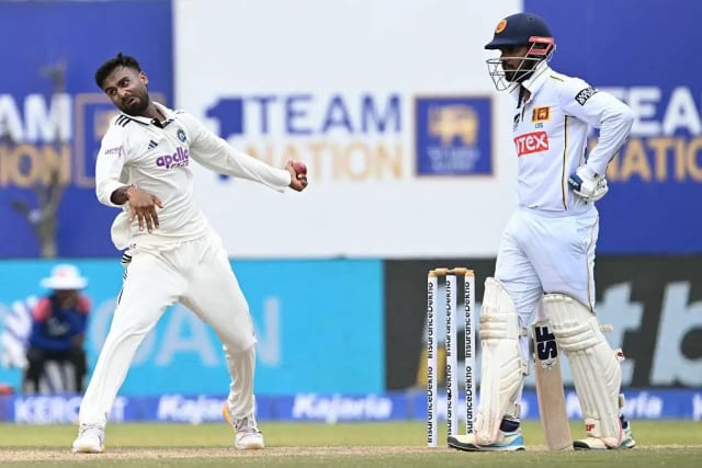 Manav Suthar celebrates after taking six wickets against Sri Lanka in the Galle Test