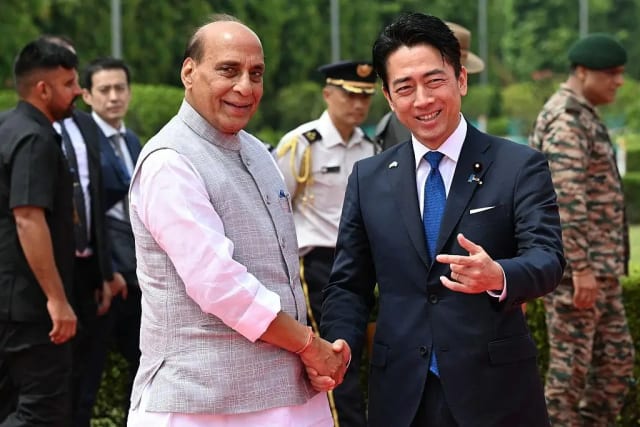 Rajnath Singh and Japanese Defence Minister Shinjiro Koizumi during the India-Japan defence ministers meeting in New Delhi.