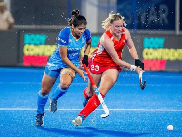 Indian and English women hockey players competing during the FIH Women’s Hockey World Cup.