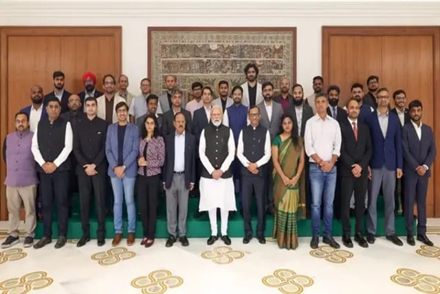 Prime Minister Narendra Modi interacting with CEOs and founders of Indian space startups in New Delhi.