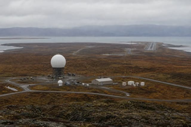Aerial view of the Cape Newenham Long Range Radar Site in western Alaska.