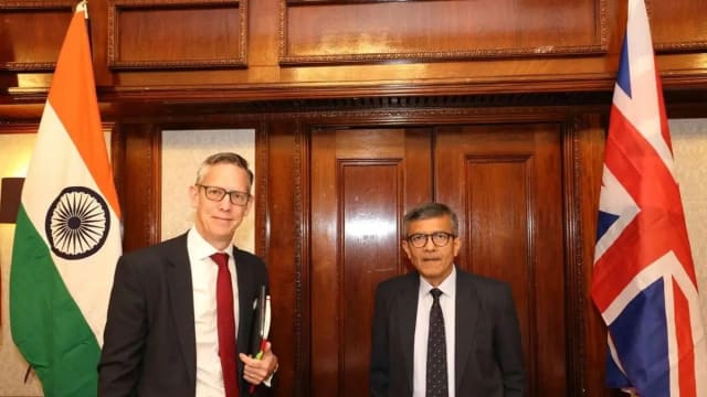 Indian and UK defence officials during the 25th India-UK Defence Consultative Group meeting in New Delhi.