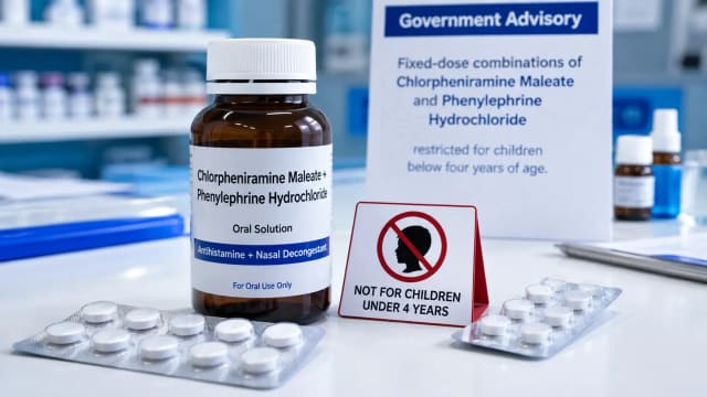 Medicine packaging representing the government warning against specified Chlorpheniramine-Phenylephrine combinations for children below four years.