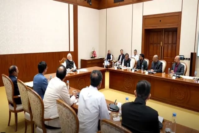 Prime Minister Narendra Modi interacting with CEOs and founders of space startups in New Delhi.