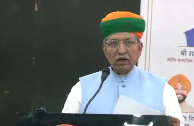 Law Minister Arjun Ram Meghwal addressing sanitation worker welfare celebrations in New Delhi.