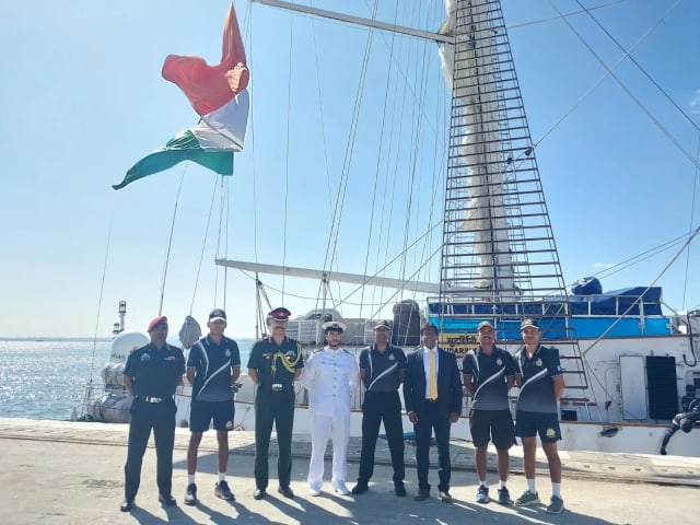 INS Sudarshini, Indian Navy sail training ship, arriving in Lisbon during Lokayan 26 voyage.