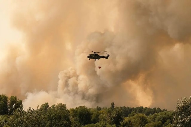 Firefighting helicopters and emergency crews battle a wildfire in Serbia's Deliblato Sands nature reserve.